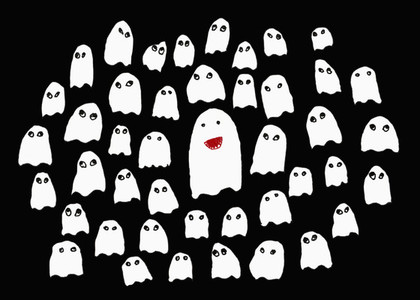 Drawing of cute white ghosts on black background