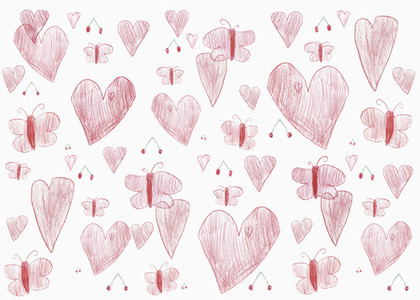 Childs drawing of red hearts and butterflies on white background