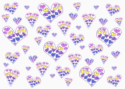 Childs drawing of multi colored hearts on white background