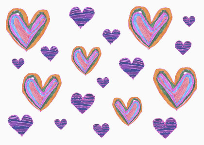 Drawing of purple hearts on white background