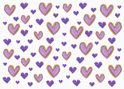 Drawing of purple hearts on white background