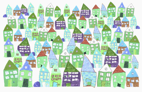 Childs drawing of multi colored houses