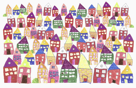 Childs drawing of multi colored houses