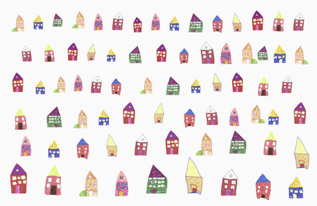 Childs drawing of multi colored houses in a row on white background