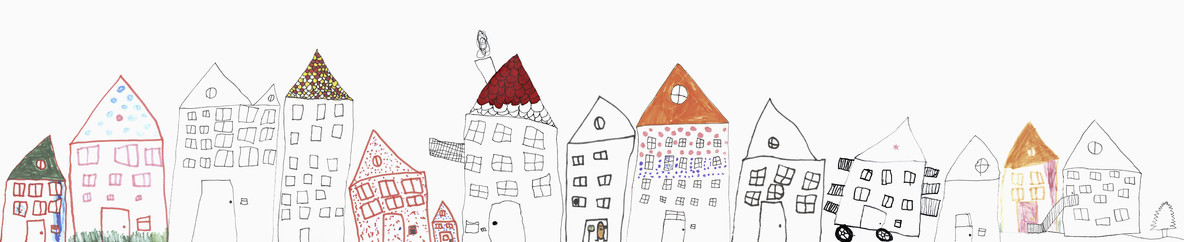 Childs drawing of  houses on white background