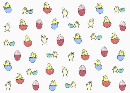 Childs drawing of chicks hatching from multi colored eggs
