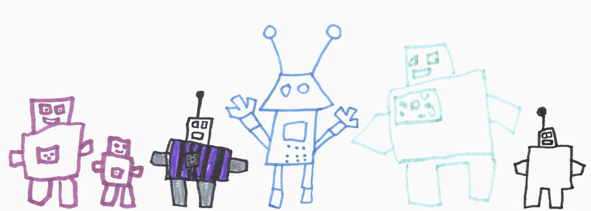 Childrens drawing of cute robots