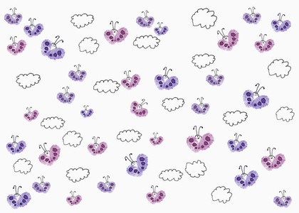 Drawing of purple and pink butterflies among clouds