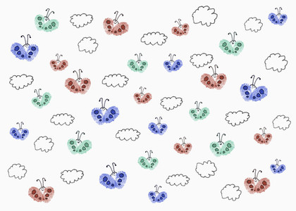 Drawing of multi colored butterflies among clouds