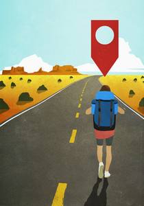 Map pin icon above woman backpacking on remote desert road