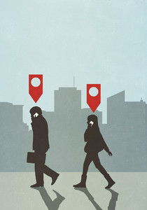 Map pin icons above business people walking and talking on smart phone in city