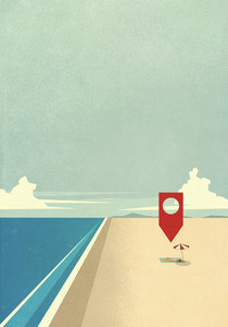 Map pin icon above woman laying on sunny ocean beach
