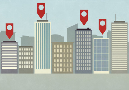 Map pin icons above highrise buildings in city