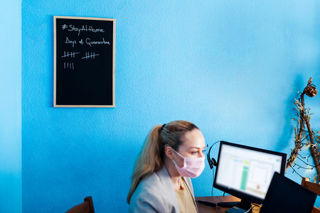 Woman teleworking in her house during biological quarantine