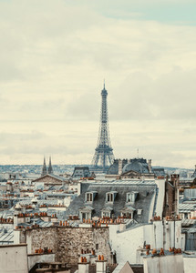 Beautiful panoramic view of Paris with Eiffel Tower  Vintage toned image