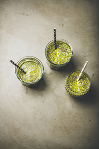 Vegan green vegetable and fruit smoothies with chia seeds