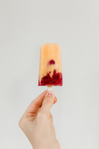 Fruit homemade popsicle made is from fresh mango  blackcurrant and coconut milk  Minimal photography style