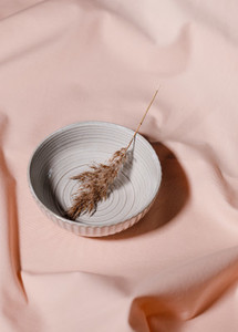 Abstract minimalist still life composition with ceramics and reeds over pink cloth