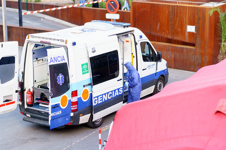 GRANADA SPAIN 23RD APRIL 2020 Ambulance at the door of the hospitals emergency service