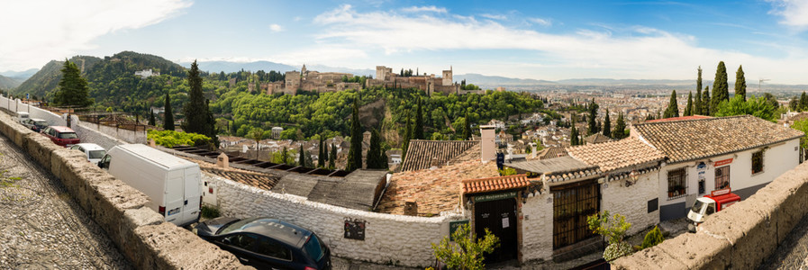GRANADA  SPAIN  23RD APRIL  2020 Panoramic view of the Alhamabra from Albaicin empty of people