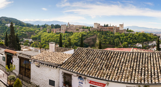 GRANADA SPAIN 23RD APRIL 2020 Panoramic view of the Alhamabra from Albaicin empty of people