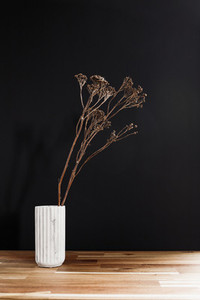 Dry decor plant in a white marble vase on a wooden table against black wall