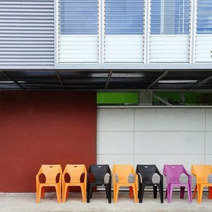 View of a row plastic chairs