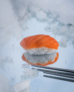fresh sushi on winter background