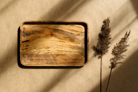 Top view of an empty wooden tray decorated dry grass  Beige or sand tones  Creative composition of sunlight with shadows