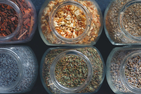 Top view of dried herbs and spices