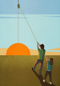 Brother and sister hoisting sunrise on pulley