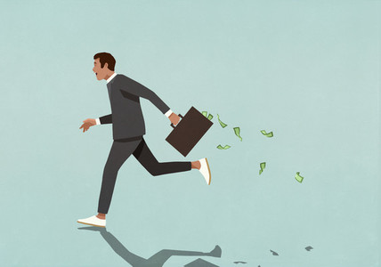 Businessman running with briefcase full of cash