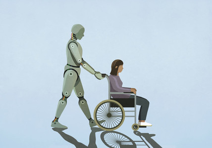 Robot pushing woman in wheelchair