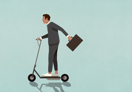 Carefree businessman with briefcase riding motorized scooter