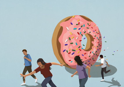 People running from large sprinkled donut