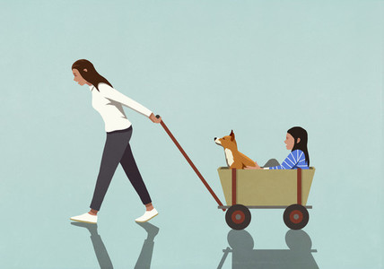 Woman pulling daughter and dog in wagon