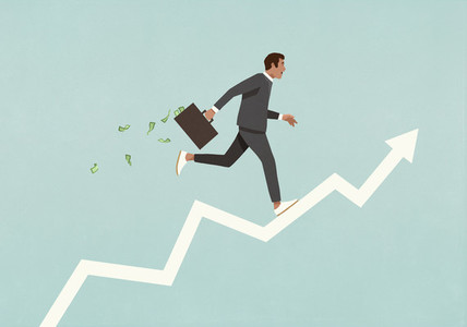 Male investor with briefcase full of money running up ascending arrow