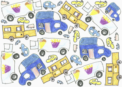 Childs drawing delivery truck pattern on white background