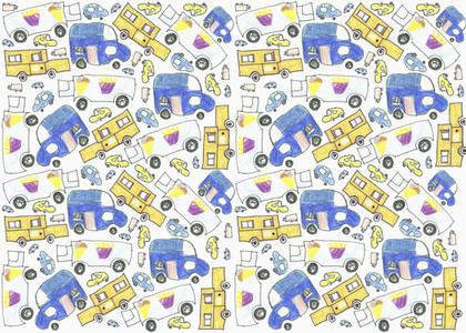 Childs drawing delivery truck pattern on white background