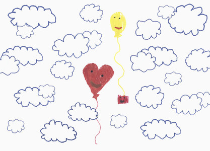 Childs drawing anthropomorphic balloons floating in cloudy sky