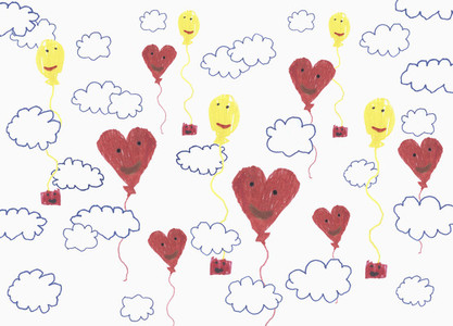 Childs drawing anthropomorphic balloon pattern in cloudy sky