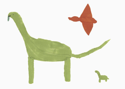 Childs drawing green and red dinosaurs