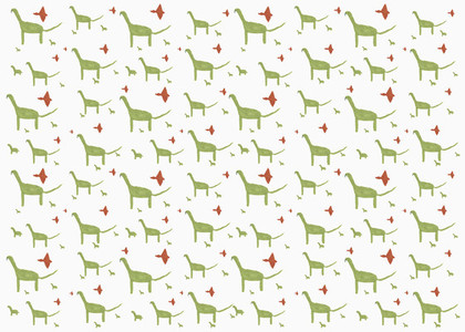 Childs drawing green and red dinosaur pattern on white background