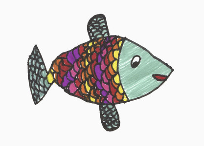 Childs drawing multicolor fish on white background