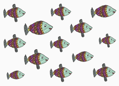 Childs drawing multicolor fish pattern on white background
