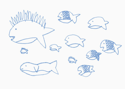 Childs drawing blue fish on white background