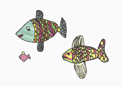 Childs drawing multicolor fish family on white background