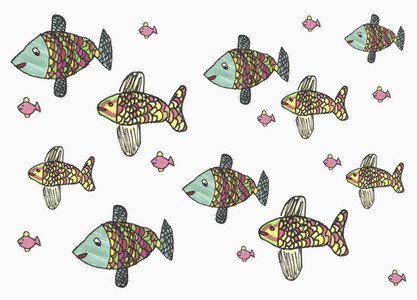 Childs drawing multicolor fish on white background