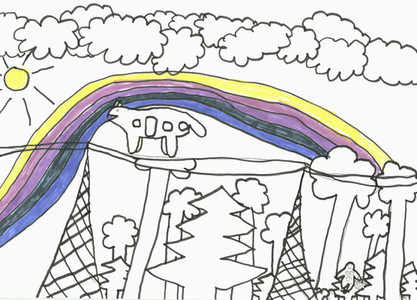 Childs drawing rainbow and trees