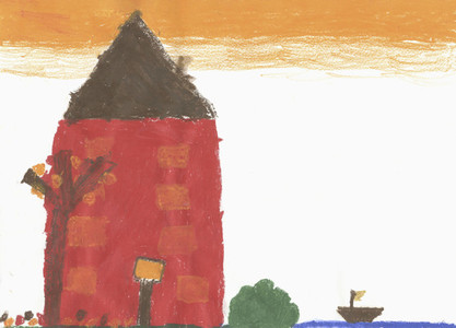 Childs drawing red building